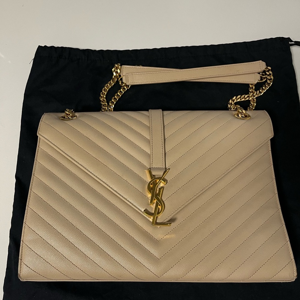 Yves Saint Laurent Cream Shoulder Bag with Quilted Design and Gold Hardware